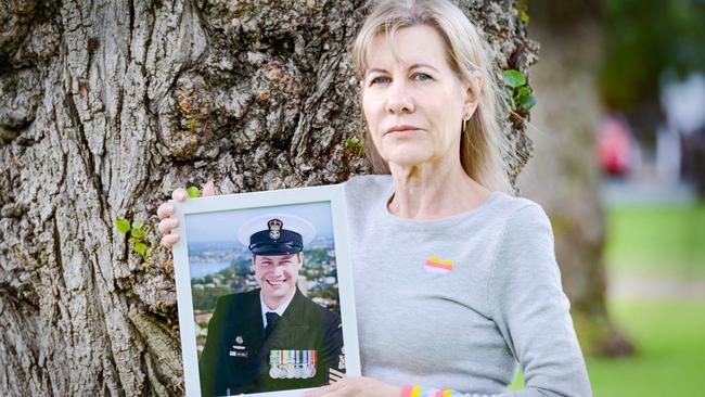 Julie-Ann Finney with a picture of her son David, took his own life this year after his pleas for help were ignored by the DVA. Picture: AAP Image/Brenton Edwards