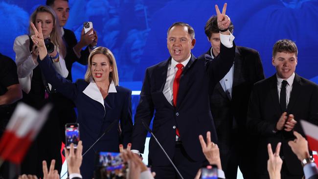 Karol Nawrocki, on stage with his wife Marta and their children following the Polish presidential run-off election. Picture: Getty Images.