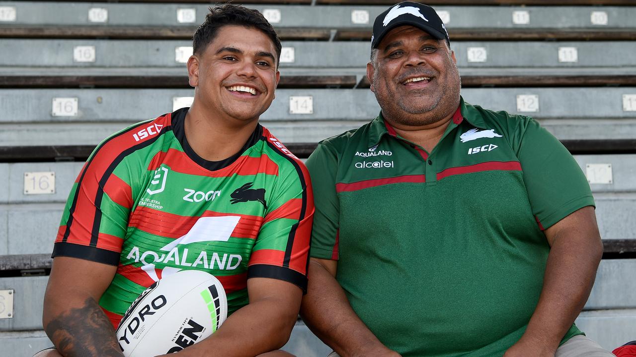 Latrell Mitchell and his dad Matt pose for a photograph at Redfern Oval. Picture: AAP Image/Bianca De Marchi