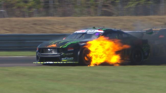 A car fire in Car #6 that Cam Waters walked away from at the Darwin Supercars. Picture: Supplied