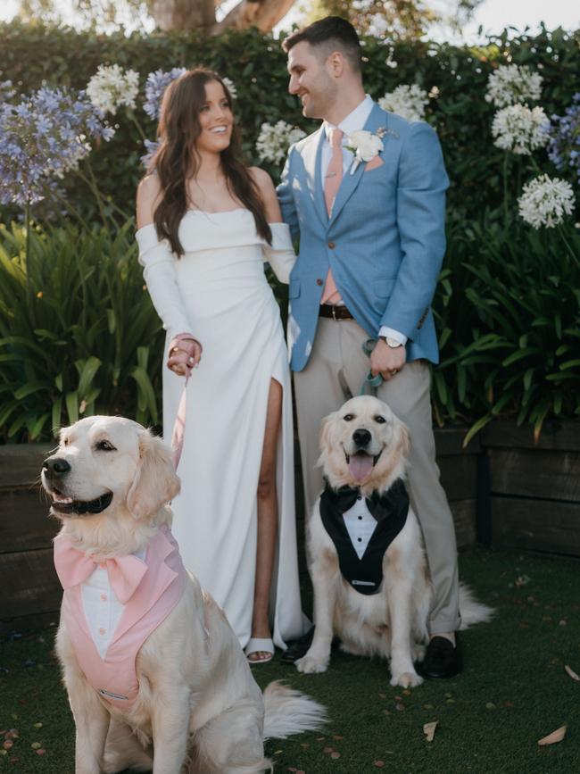 The couple with their golden retrievers; Sunny in pink as the flower girl and Shadow dapper in black as the page boy. Picture: Meaghan Coles