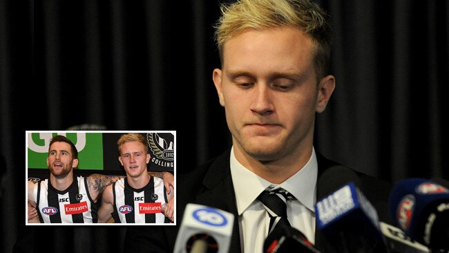 A shattered Jaidyn Stephenson fronts the media. Picture: Andrew Henshaw