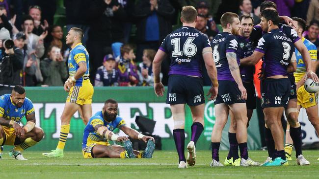 Cameron Smith and his Melbourne troops celebrate beating the Eels during the 2017 finals series.