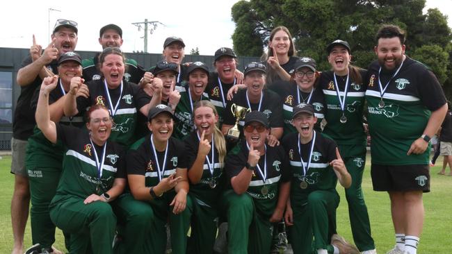 Bell Park's women's team celebrates its B-grade premiership. Picture: Meg Saultry