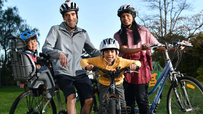 <s1>Isaac, 3, Tim, Elijah, 6, and Sheena Kerby in Colonel Light Gardens. They are part of the newly-formed Mitcham BUG (Bicycle User Group), set up to make cycling easier for residents.</s1>                        <source/> Picture: AAP/ Keryn Stevens