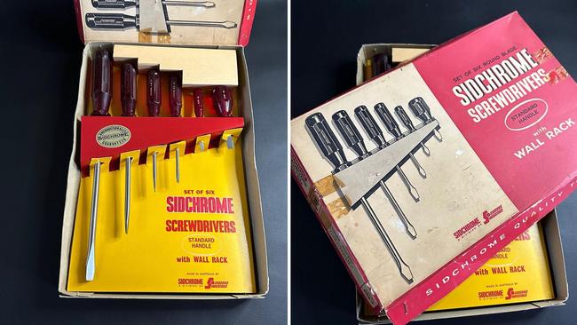 This vintage Sidchrome six-piece screwdriver and wall rack set sold for $1250 on eBay in July, 2023. Picture: eBay / @thefindersco