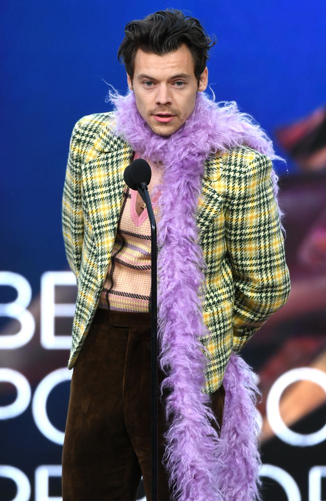 Harry Styles accepts the Best Pop Solo Performance award for 'Watermelon Sugar' at the Grammys. Picture: Getty Images