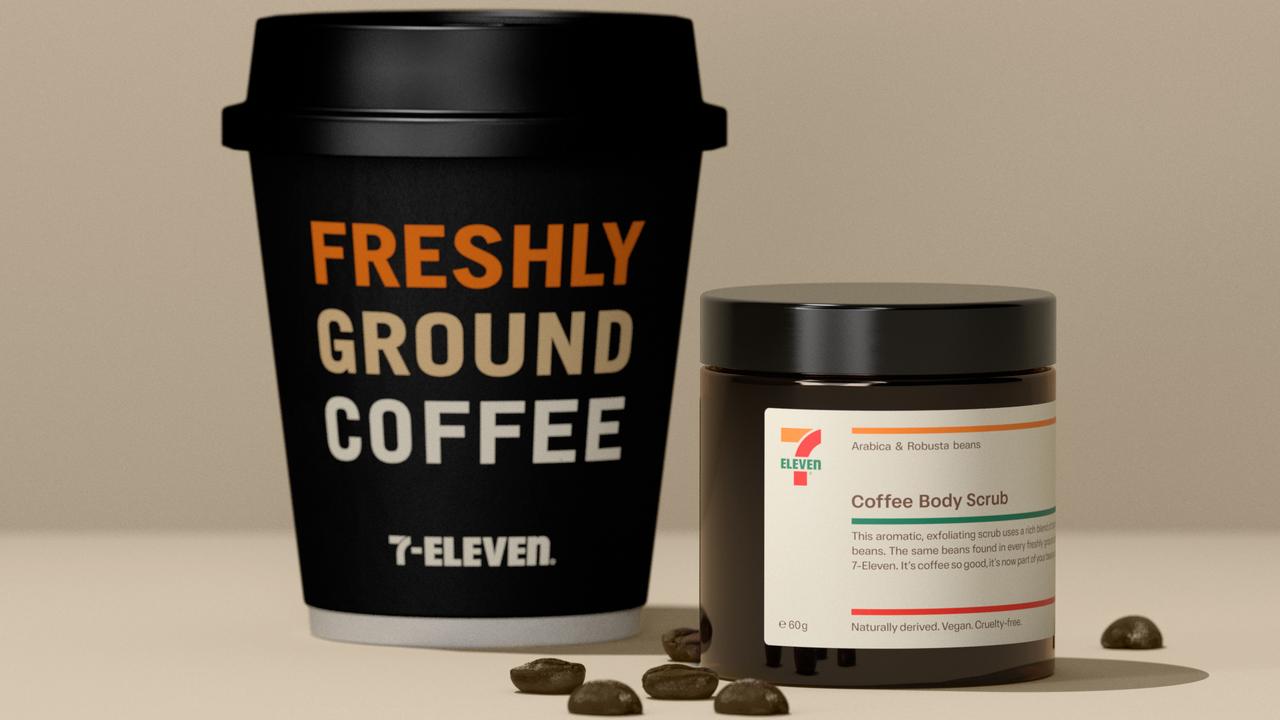 To the surprise of beauty fans (and caffeine fiends) across Australia, 7-Eleven has partnered with Adore Beauty to launch a coffee body scrub. Picture: Supplied