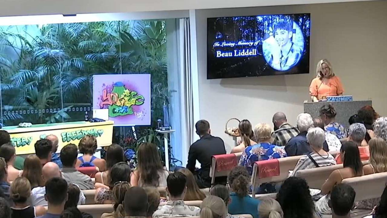 Friends and family said their goodbyes to Beau Liddell at a touching funeral at Noosa. Photo: livestream