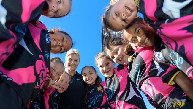 Injured Blues captain and Junior State of Origin ambassador Ruan Sims surprised the Blacktown Bears with news of their selection to the 2018 Holden Women's Junior State of Origin. Pictures: Wendell Teodoro