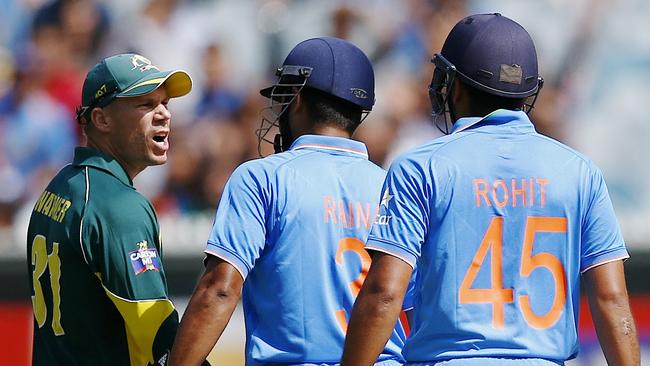 Australia v India Picture:Wayne Ludbey Rohit Sharma & Raina argue with David Warner