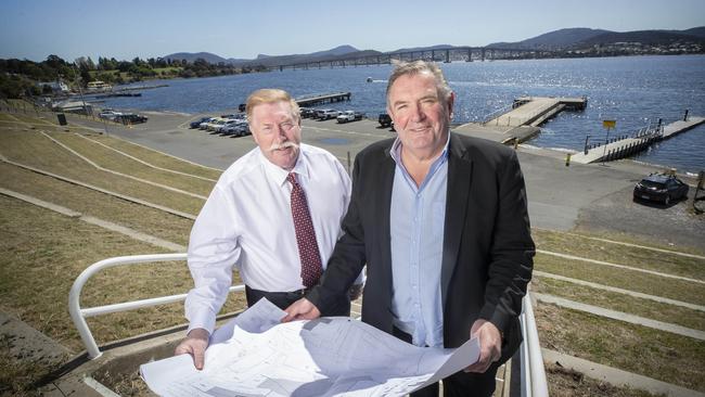 Mac Point 2.0 stakeholder relations Paul Lennon and managing director of Stadia Precinct Consortia Dean Coleman at Macquarie Point. Picture: Chris Kidd