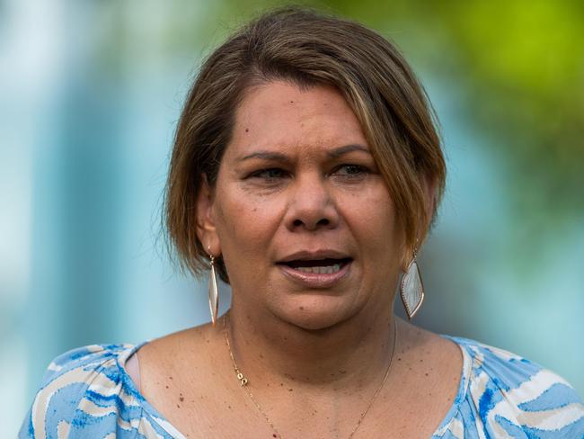 Senator Dorinda Cox as more than a hundred gathered to protest Middle Arm ahead of the second day of public hearings about the proposed development in Darwin. Picture: Pema Tamang Pakhrin