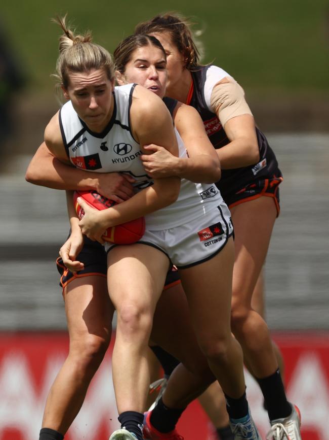 Carlton’s Mimi Hill is tackled during the Round 6 loss to the Giants. Picture: Mark Metcalfe/Getty Images