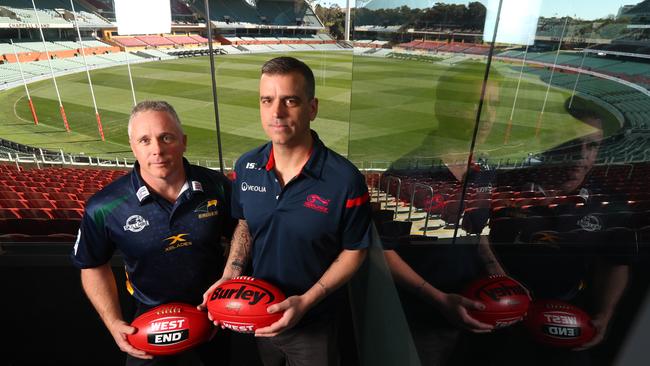 Eagles coach Michael Godden and Norwood mentor Jarrod Cotton will square off in Sunday’s semi-final at Adelaide Oval. Picture: Tait Schmaal