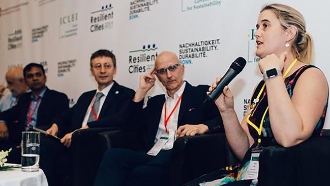 City of Melbourne Greens councillor Cathy Oke at the Resilient Cities summit in Bonn, Germany. Picture: Twitter