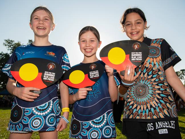 Amali Finneran, Ayla Finneran and Mylee Williams attend the NAIDOC march, 2024. The theme this year is 'Keep the fire burning: Blak, loud and proud'. Picture: Pema Tamang Pakhrin