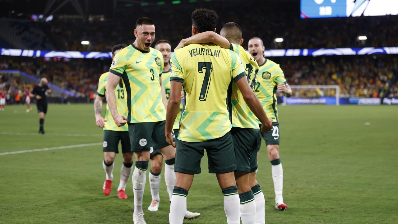 Nishan Velupillay celebrates a goal for the Socceroos. (Photo by Darrian Traynor/Getty Images)