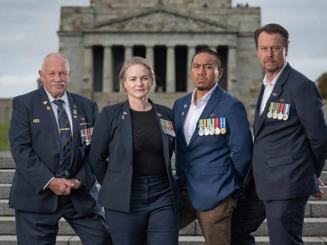 John Willis, Carolyn West, Jon Saemo, Bryan Ross at the front of the Shrine of Remembrance in Melbourne. Picture: Tony Gough