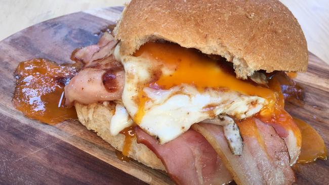 Never Bean Fitter Cafe BBQ bacon and egg roll features three rashers of bacon and two eggs