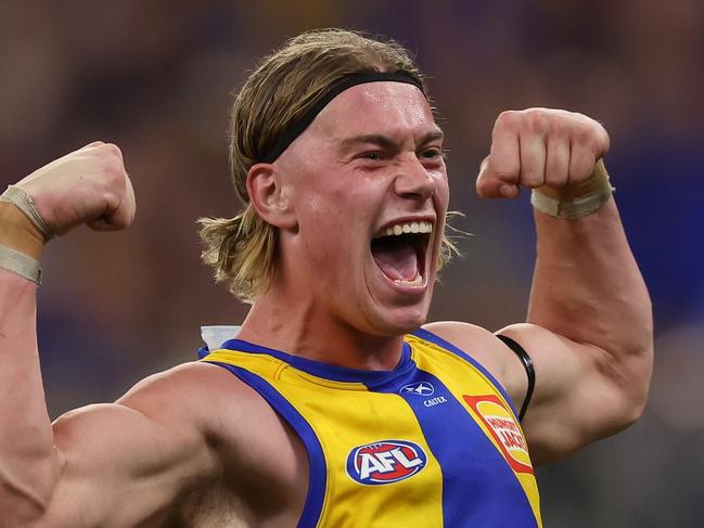 PERTH, AUSTRALIA - APRIL 20: Harley Reid of the Eagles celebrates after scoring a goal during the 2024 AFL Round 06 match between the West Coast Eagles and the Fremantle Dockers at Optus Stadium on April 20, 2024 in Perth, Australia. (Photo by Will Russell/AFL Photos via Getty Images)