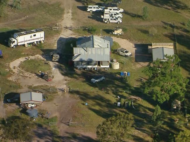 Aerial vision of the crime scene at Wieambilla, Queensland, on 14 December following the deaths of Constable Rachel McCrow, Constable Matthew Arnold, neighbour Alan Dare and killing trio Nathaniel Train, Gareth Train and Stacey Train. Source: 9 News.