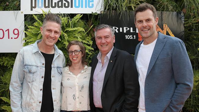 Triple M’s Hot Breakfast team of Wil Anderson, Eddie McGuire and Luke Darcy dropped a few points. Also pictured: Rosemary Walton. Picture: Ian Currie