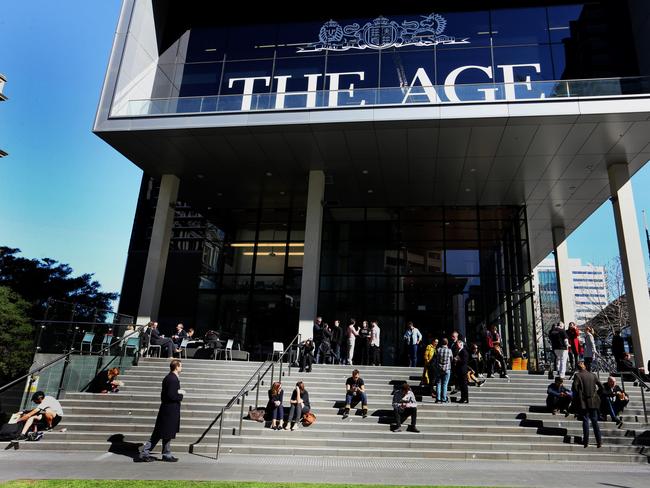 Staff from The Age newspaper outside the building while they were on strike today.