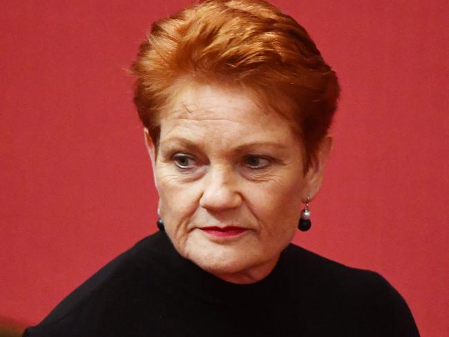 One Nation leader Senator Pauline Hanson in the Senate chamber at Parliament House in Canberra, Tuesday, March 27, 2018. Minister for Finance Senator Mathias Cormann announced the government cannot pass the company tax cut bill. (AAP Image/Mick Tsikas) NO ARCHIVING