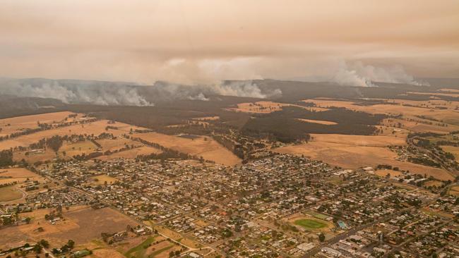 The township of Orbost under threat in early January. Picture: Jason Edwards