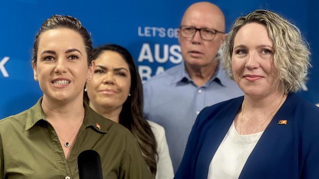 Presenting a united front: NT Chief Minister Lia Finocchiaro, NT Senator Jacinta Nampijinpa Price, Coalition leader Peter Dutton and CLP candidate for Solomon Lisa Bayliss during the 2025 federal election campaign. Picture: Fia Walsh.