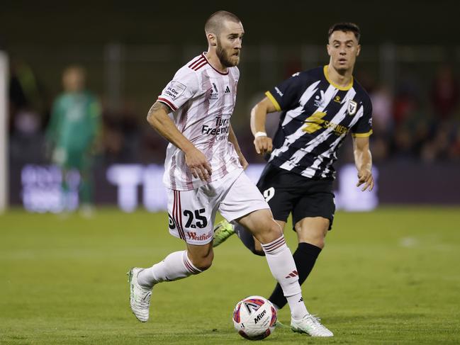 Joshua Brillante of the Wanderers runs with the ball during the round 29 A-League Men match against Macarthur FC. Picture: Darrian Traynor/Getty Images