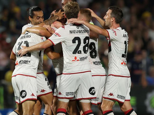 GOSFORD, AUSTRALIA - JANUARY 28: Brandon Borello of Western Sydney celebrates his goal with team mates during the round 14 A-League Men's match between Central Coast Mariners and Western Sydney Wanderers at Central Coast Stadium, on January 28, 2023, in Gosford, Australia. (Photo by Ashley Feder/Getty Images)