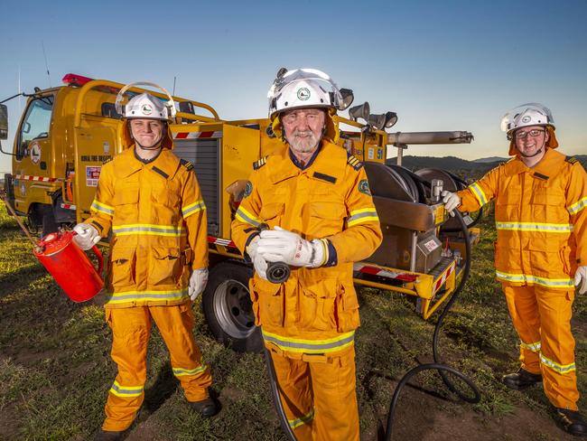 29th July 2020.Rural fire fighters from the Villeneuve Rural Fire Brigade in Queensland, L-R, Brock Purdie, Ian Swadling and Jacob Murphy.Photo: Glenn Hunt / The Australian