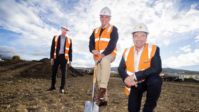 Paul Ransley, manager for southern Tasmania for Fairbrother, Clarence Mayor Doug Chipman and Scott Spanton, CEO of Tipalea Partners at the Glebe Hill retail centre. Picture: RICHARD JUPE