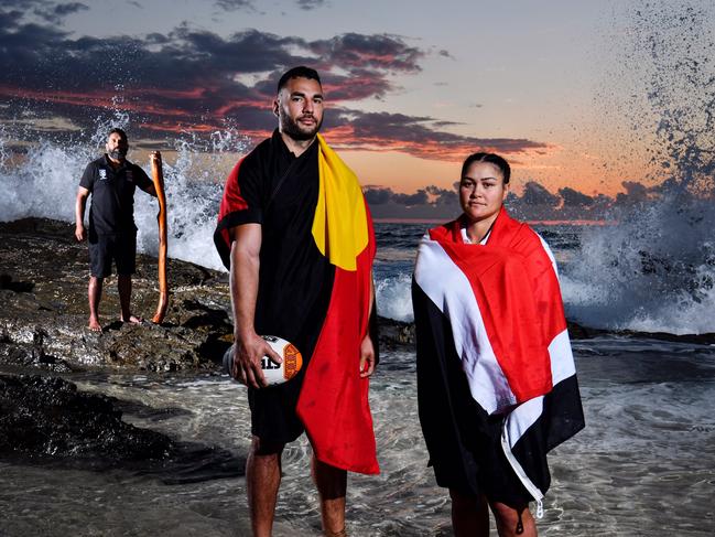 Preston Campbell, Ryan James and Rona Peters ahead of 2020 NRL Harvey Norman All Stars game that will return to the Gold Coast in 2020. Picture: Grant Trouville/NRL