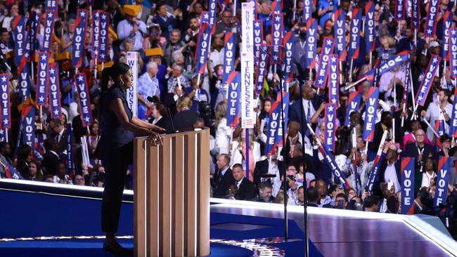 Former first lady Michelle Obama speaks on stage during the second day of the Democratic National Convention. Picture: Getty Images