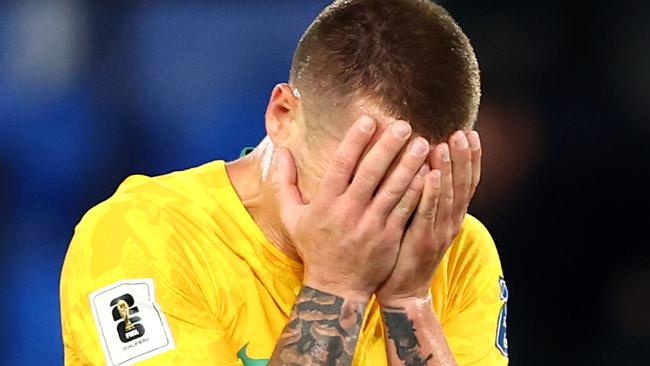 GOLD COAST, AUSTRALIA - SEPTEMBER 05: Mitchell Duke of Australia reacts after losing the round three 2026 FIFA World Cup AFC Asian Qualifier match between Australia Socceroos and Bahrain at Robina Stadium on September 05, 2024 in Gold Coast, Australia. (Photo by Chris Hyde/Getty Images)