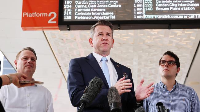 Deputy Premier Jarrod Bleijie at Cultural Centre Station on Sunday to announce new bus routes for Brisbane. Picture: Lachie Millard