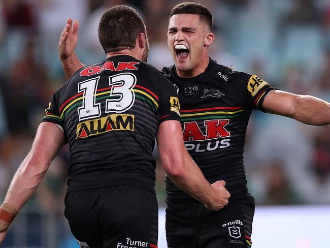 SYDNEY, AUSTRALIA - OCTOBER 17:  Nathan Cleary of the Panthers and Isaah Yeo of the Panthers celebrates the try scored by Dylan Edwards during the NRL Preliminary Final match between the Penrith Panthers and the South Sydney Rabbitohs at ANZ Stadium on October 17, 2020 in Sydney, Australia. (Photo by Mark Kolbe/Getty Images)