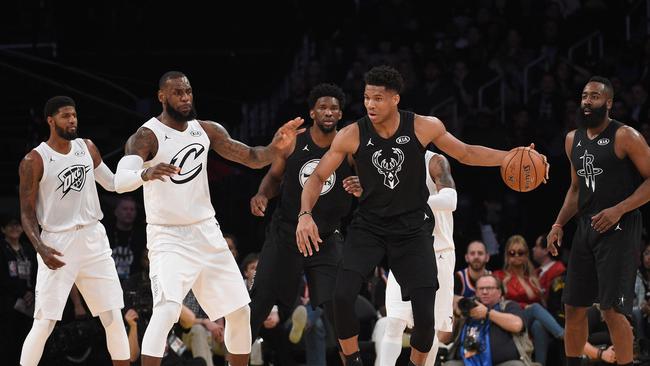 The NBA’s All-Star weekend pits the best against the best... as LeBron James (R) defends Giannis Antetokounmpo. Picture: Getty