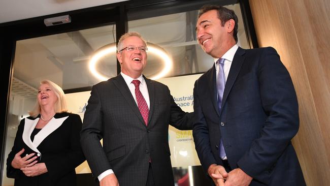 Prime Minister Scott Morrison is seen with MP Karen Andrews and South Australian Premier Steven Marshall during the opening of the new Australian Space Agency. Picture: AAP