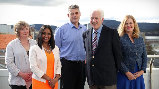 Lord mayor candidate Damon Thomas, second from right, unveils his council team which will run under the Liveable Hobart Group ticket, form left, Kasha Siena, Zelinda Sherlock, Robin Allardice and Fiona Irwin. Picture: SAM ROSEWARNE