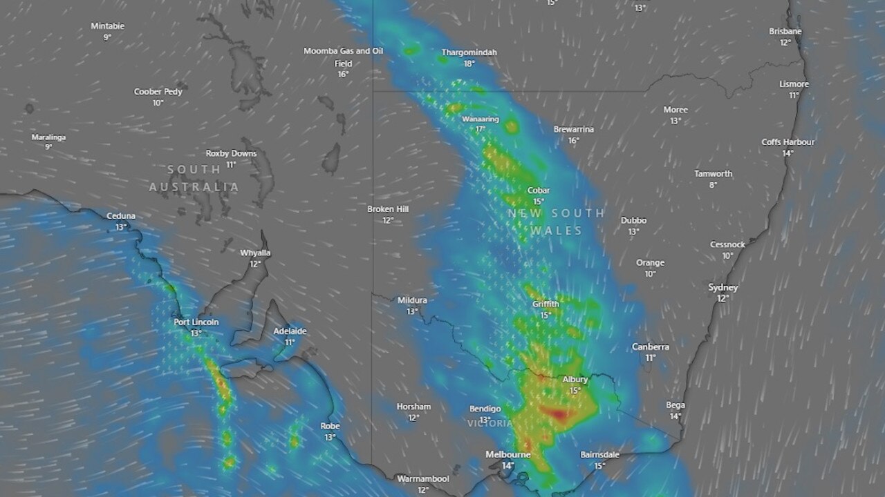 Heavy rain is headed east after Western Australia experienced 70mm in one day. Picture: Windy