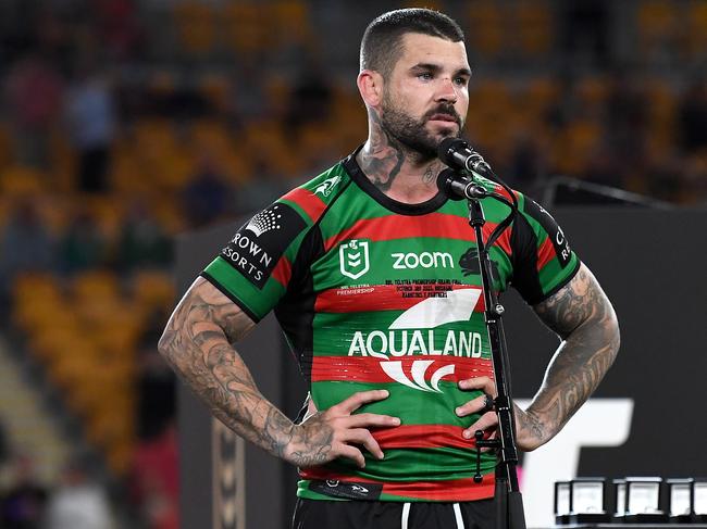 BRISBANE, AUSTRALIA - OCTOBER 03:  Adam Reynolds of the Rabbitohs talks to the crowd after the 2021 NRL Grand Final match between the Penrith Panthers and the South Sydney Rabbitohs at Suncorp Stadium on October 03, 2021, in Brisbane, Australia. (Photo by Bradley Kanaris/Getty Images)