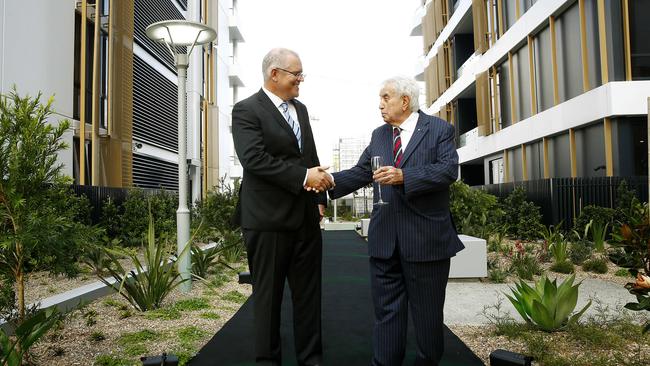 Scott Morrison is welcomed by Harry Triguboff at Pagewood Green. Picture: John Appleyard