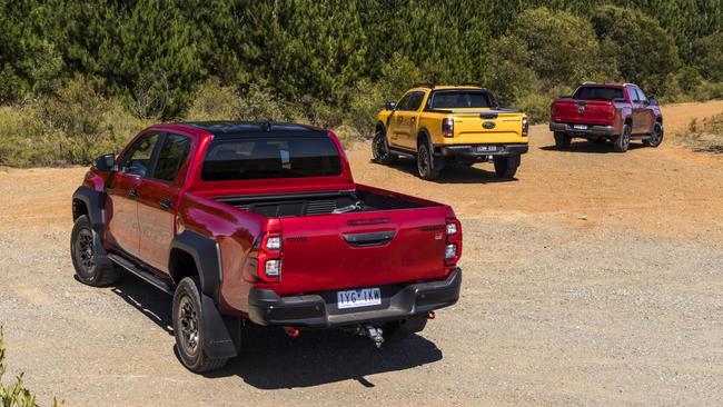 2023 Toyota HiLux GR, Ford Ranger Wildtrak X, Volkswagen Amarok PanAmericana comparison test. Photo: Mark Bean