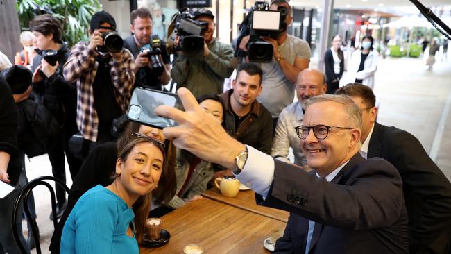 Anthony Albanese meets Labor candidate for the seat of Bennelong, Jerome Laxale at Top Ryde City, Sydney for a coffee and to meet some local constituents including Emily Tipene. Picture: Toby Zerna