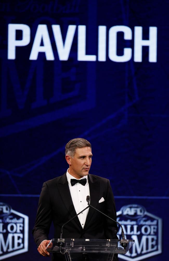Matthew Pavlich accepts his induction into the Hall of Fame. Picture: AFL Photos/Getty Images