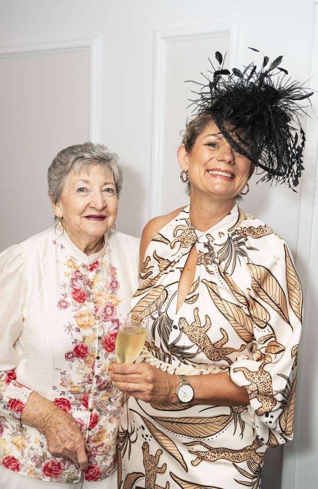 Gerri Skehan (left) and Carmen Darwin at Hope Horizons Melbourne Cup charity lunch hosted by Rotary Club of Toowoomba City at Burke and Wills Hotel, Tuesday, November 5, 2024. Picture: Kevin Farmer